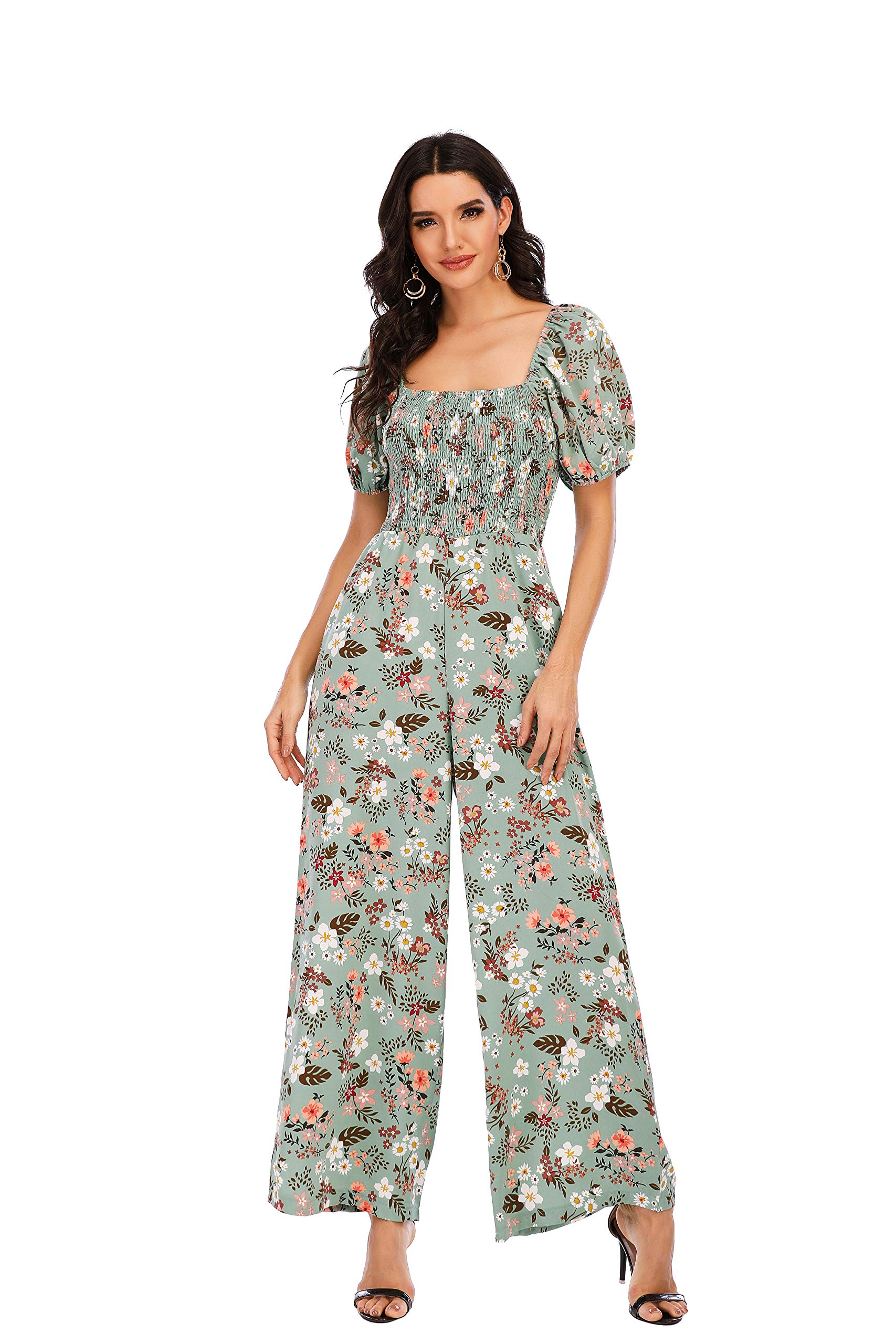 Photo 1 of Love Welove Fashion Jumpsuits for Women Dressy Casual – Vacation & Garden Party Floral Wide Leg Smocked One Piece Romper Outfit