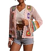 Sdipipo Womens Vintage Crochet Granny Square Cardigan Floral Knitted Y2K Retro Long Sleeve Open Front Boho Chic Sweater