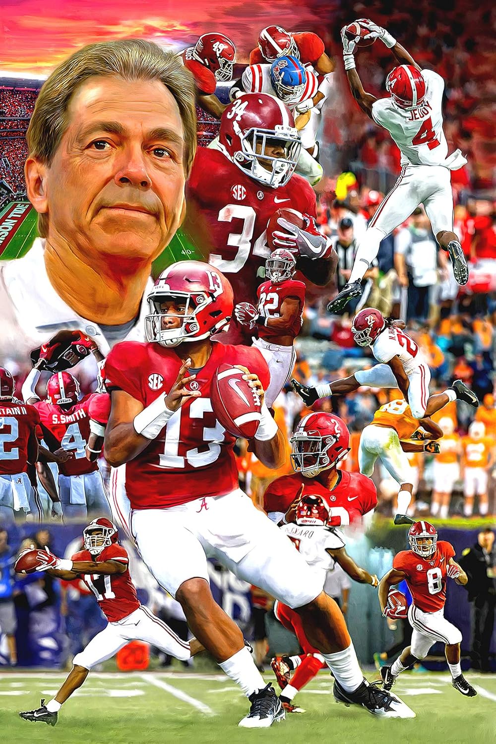 Artist Signed University Of Alabama Football Crimson Tide Fine Art Print Poster 11x17 Nick Saban Tua Tagovailoa Football Bama