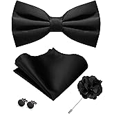 JEMYGINS Solid Color Pre-tied Bow Tie and Pocket Square Cufflinks Lapel Pin Sets for Men 4PCS