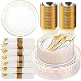 Bestluck 350PCS Clear Plastic Plates with Gold Trim for 50 Guests, Disposable Dinnerware Set for Party & Wedding, Includes 100 Plastic Plates, 50 Pre Rolled Napkins with Gold Silverware, 50 Cups