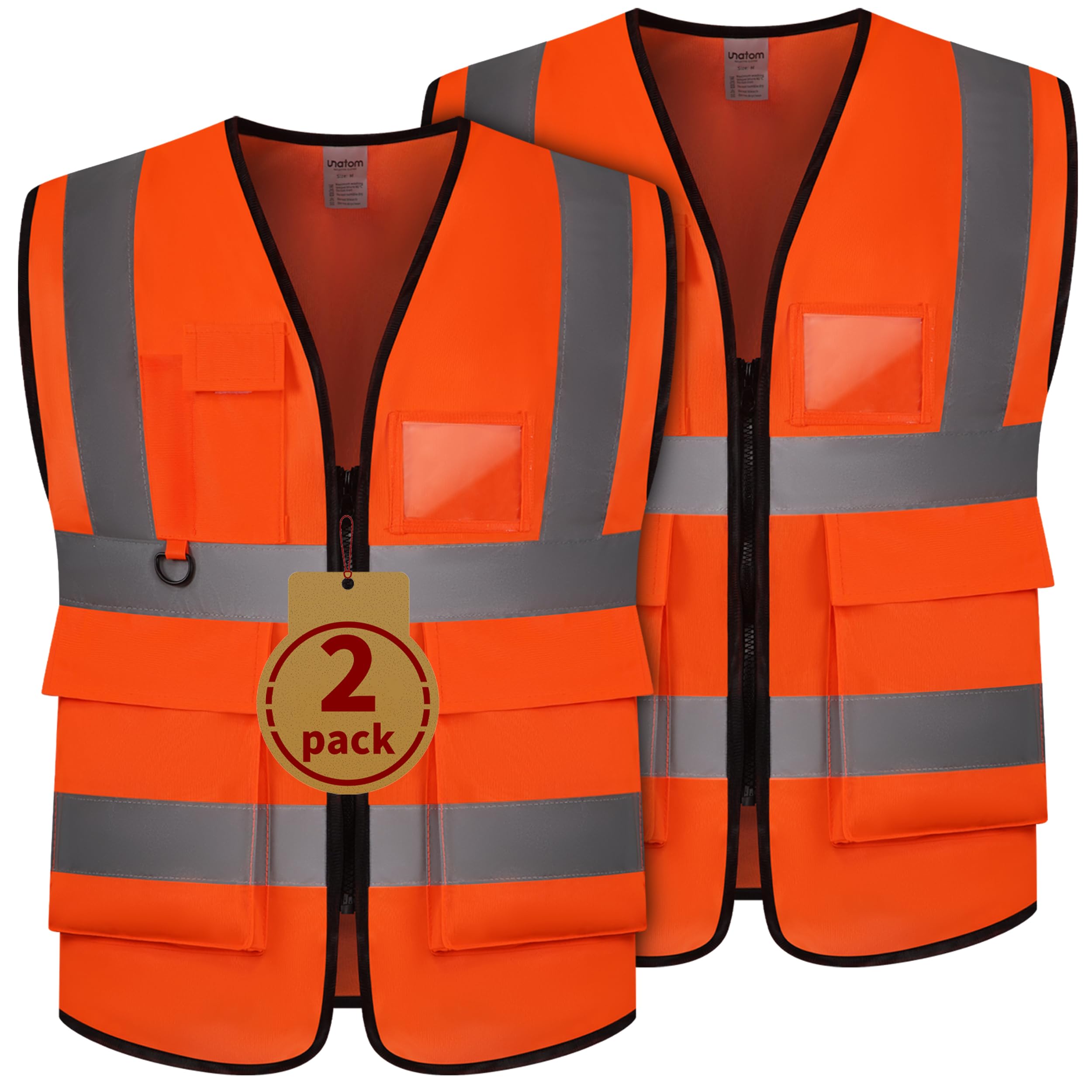Photo 1 of UNATOM 2 Pack Reflective Safety Vest for Men and Women, High Visibility Vest with 5 Pockets and Zipper Front (Orange, XL)