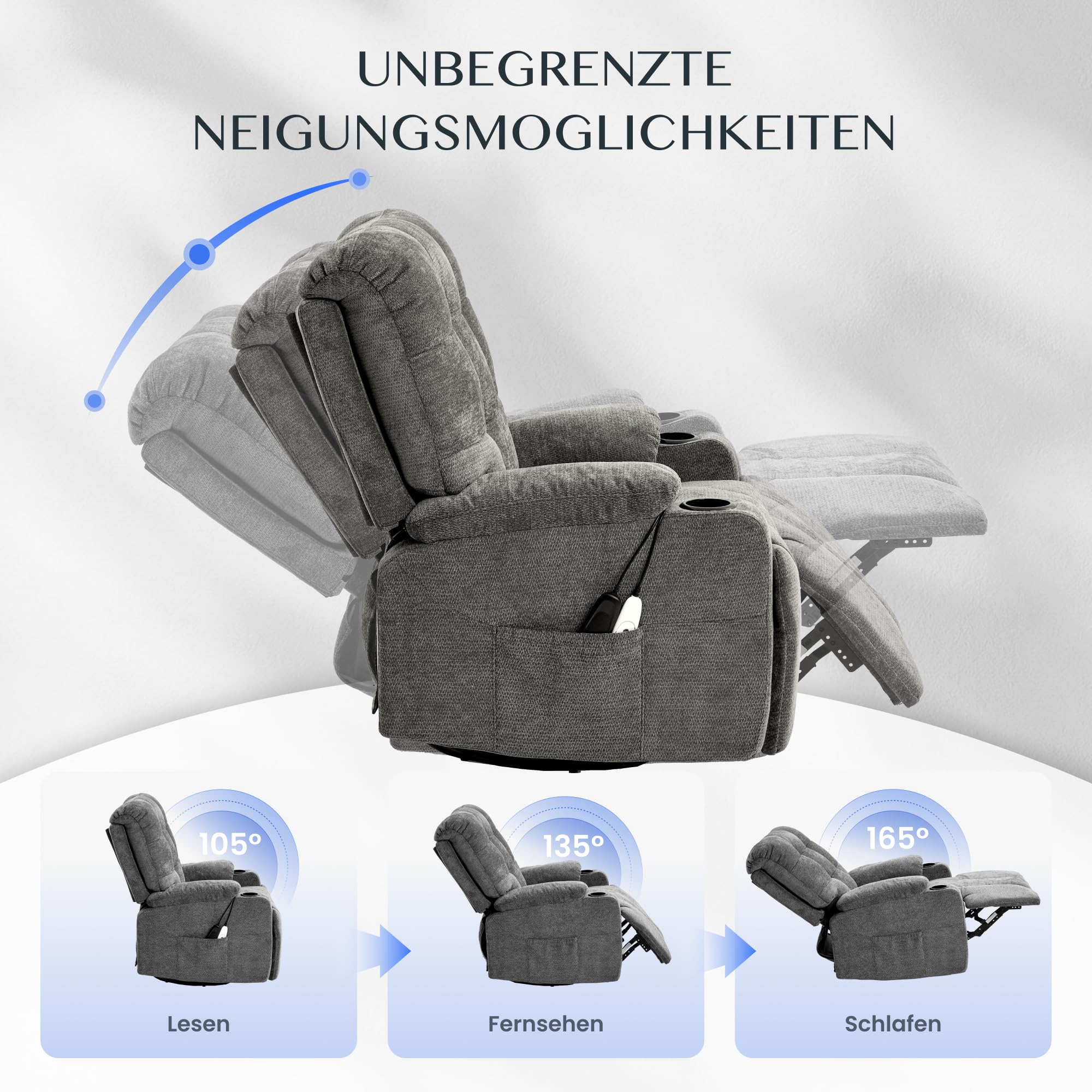 FLEXISPOT Elektrischer Relaxsessel, Massagesessel, Fernsehsessel, 360°drehbar, mit Heizfunktion, 8-Punkt-Massage, USB- und Type-C-Anschluss,105°-165° verstellbar, belastbar bis 200 kg, XR7(Grau) 2