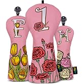 Floral Golf Club Head Covers Set for Driver Fairway Hybrid,Pink Headcovers | Carnation Tulip Rose Embroidered Flowers Golf Head Covers for Women Lady Girl