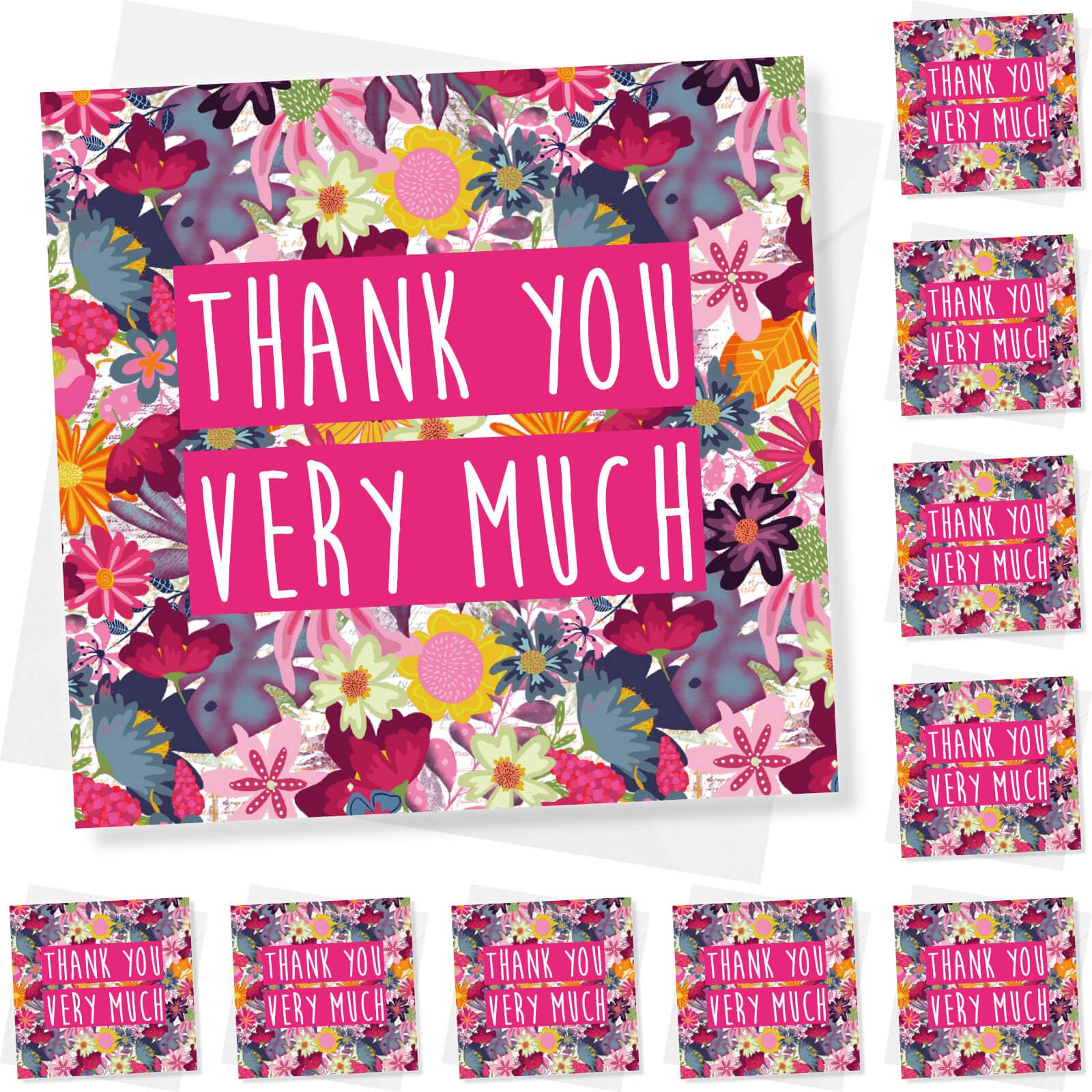 Punkcards – Thank You Cards Pack of 10 – Colourful Floral Thank You Cards with Envelopes – Premium Quality Blank Thank You Cards – Made in UK