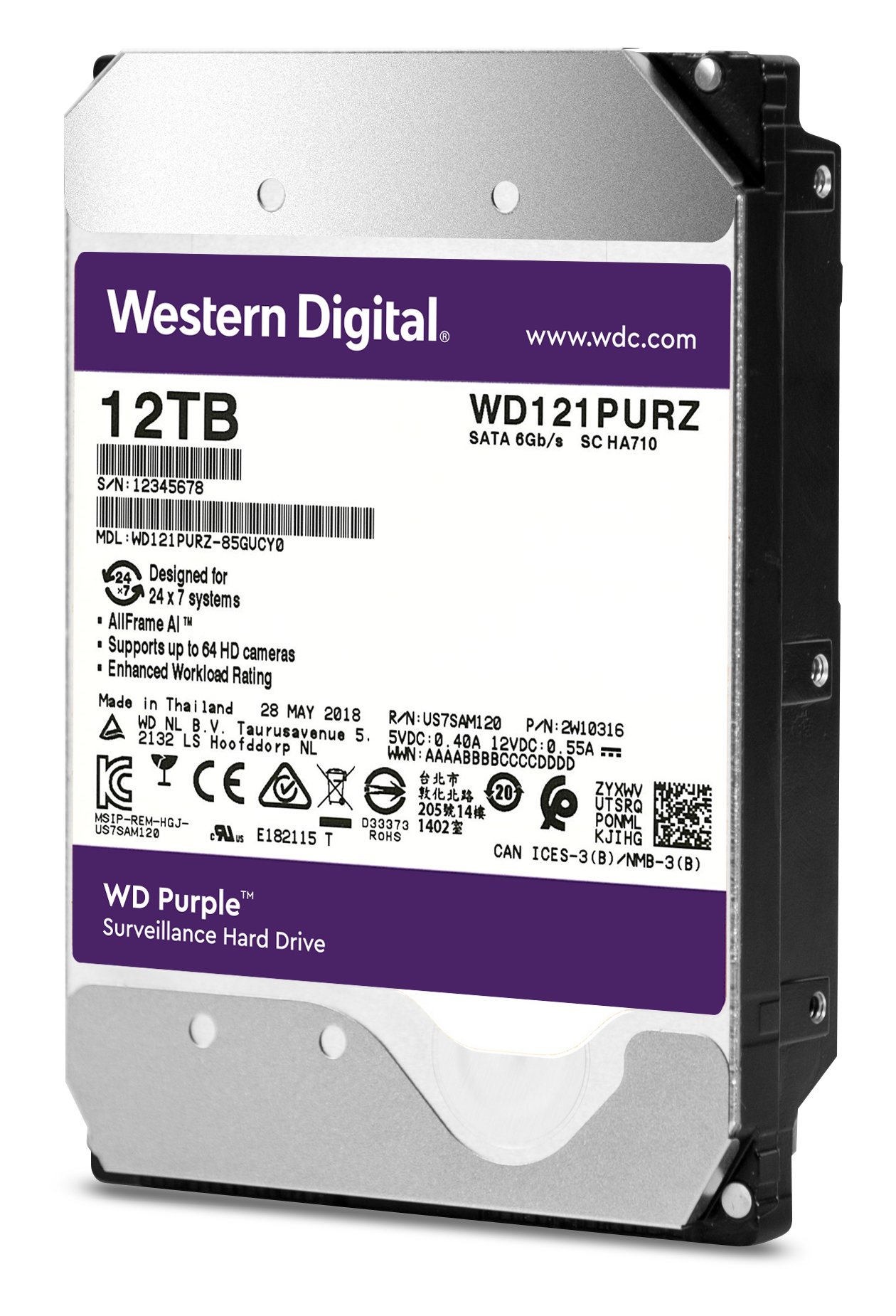 Western Digital 12TB WD Purple Surveillance Internal Hard Drive HDD - SATA 6 Gb/s, 256 MB Cache, 3.5