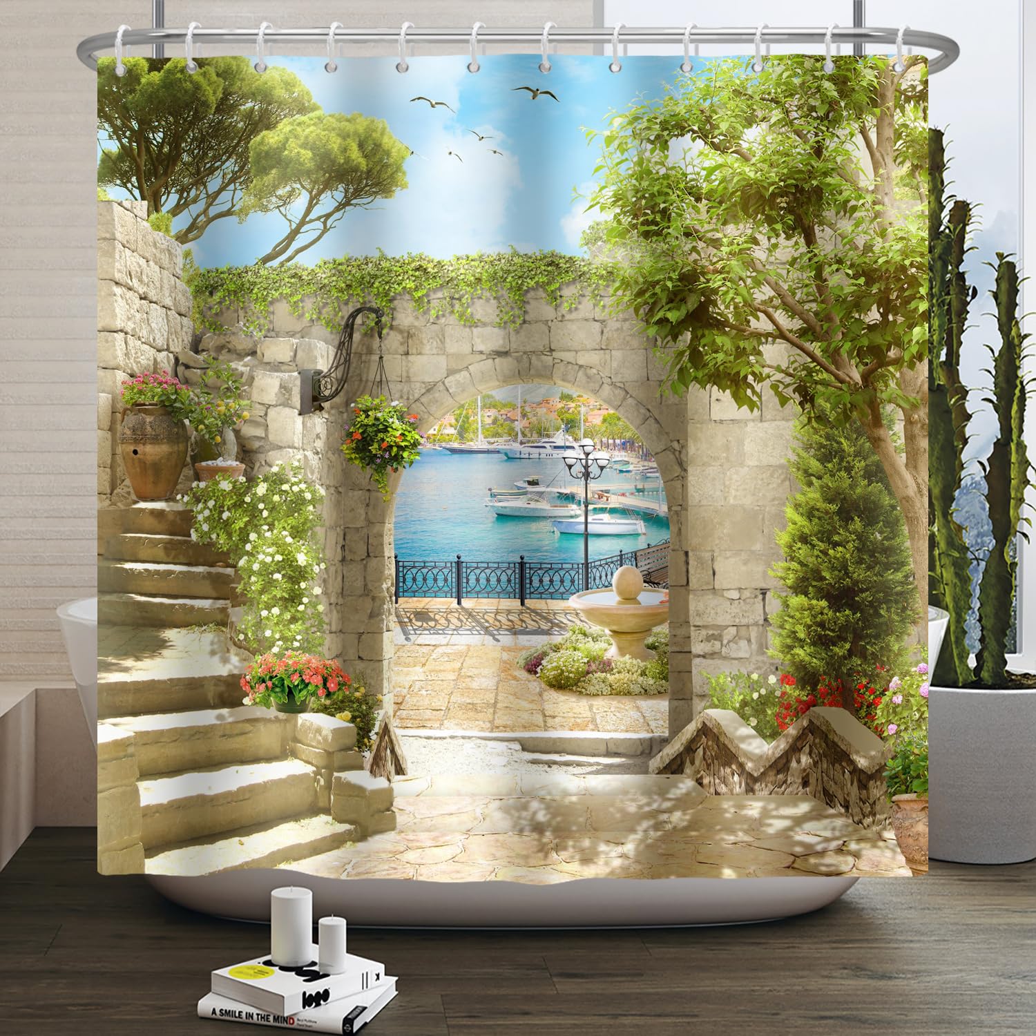 SDOTPMT 72x96inch Garden Arched Door Shower Curtain Green Leaves Seaside Scenery Bath Curtain 3D Print Bathtub Curtain for Women Bathroom Decor Durable and Washable with Hooks