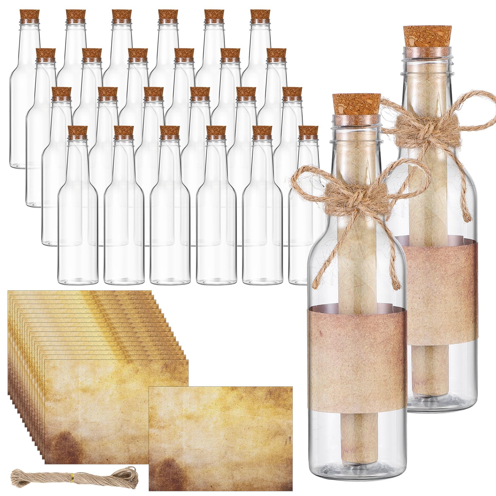 Photo 1 of Baderke 24 Pcs 5.6 oz Message Bottles with Letter Printer Paper Plastic Bottles & Corks Twines for Message Invitations Birthday Wedding Baby Shower DIY Crafts Gift Party Favors (Vintage)