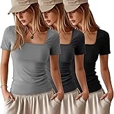 Ficerd 3 Pack Women's Square Neck Shirts, Short Sleeve Slim Fit Tops Scoop Neck Summer Casual Basic T-Shirts Tee