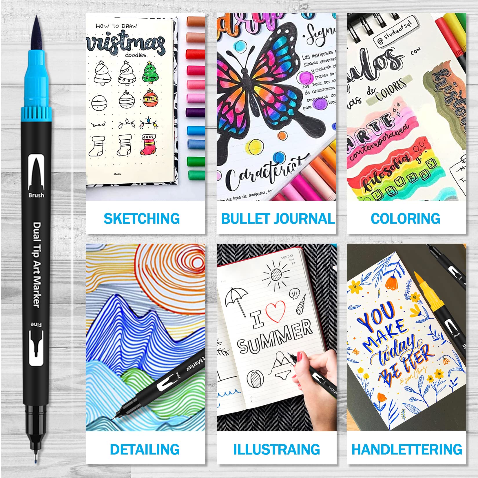 Dual Brush Pen Set, 24 Farben, Pinselstifte, Filzstifte für Kinder Bullet Journal Handlettering Aquarell Mandala Kalligraphie Manga Erwachsene Doppelfasermaler Fasermaler[1-2 mm] und Fineliner[0,4 mm] 5