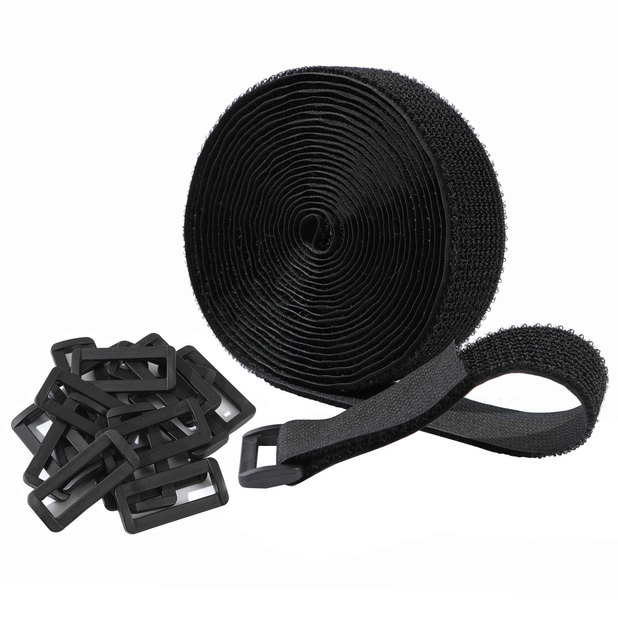 4cm x 5m Hook and Loop Securing Straps with 15 Buckles, Free Cut Length | Easy to use | Adjustable | Reusable Fastening Cable Ties, 4cm Wide Cinch Strap for Wire, Cord Wraps, Cable Management- Black