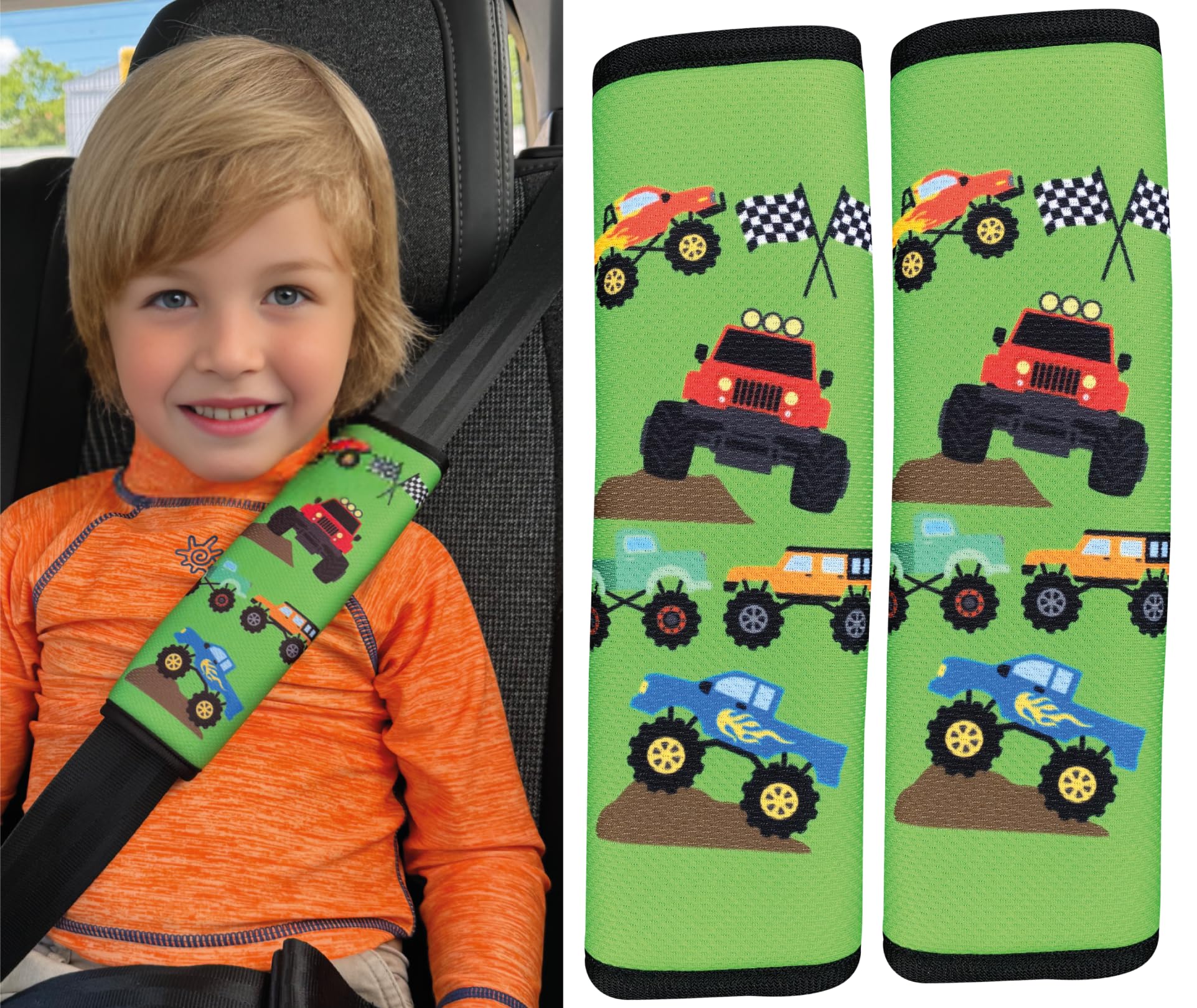 HECKBO 2X Kids Car Seat Belt Pads Seat Belt Protectors - Monster Truck - Seat Belt Pads for Kids and Babies- Ideal for any Seat Belt Car Booster Seat Kids Bicycle