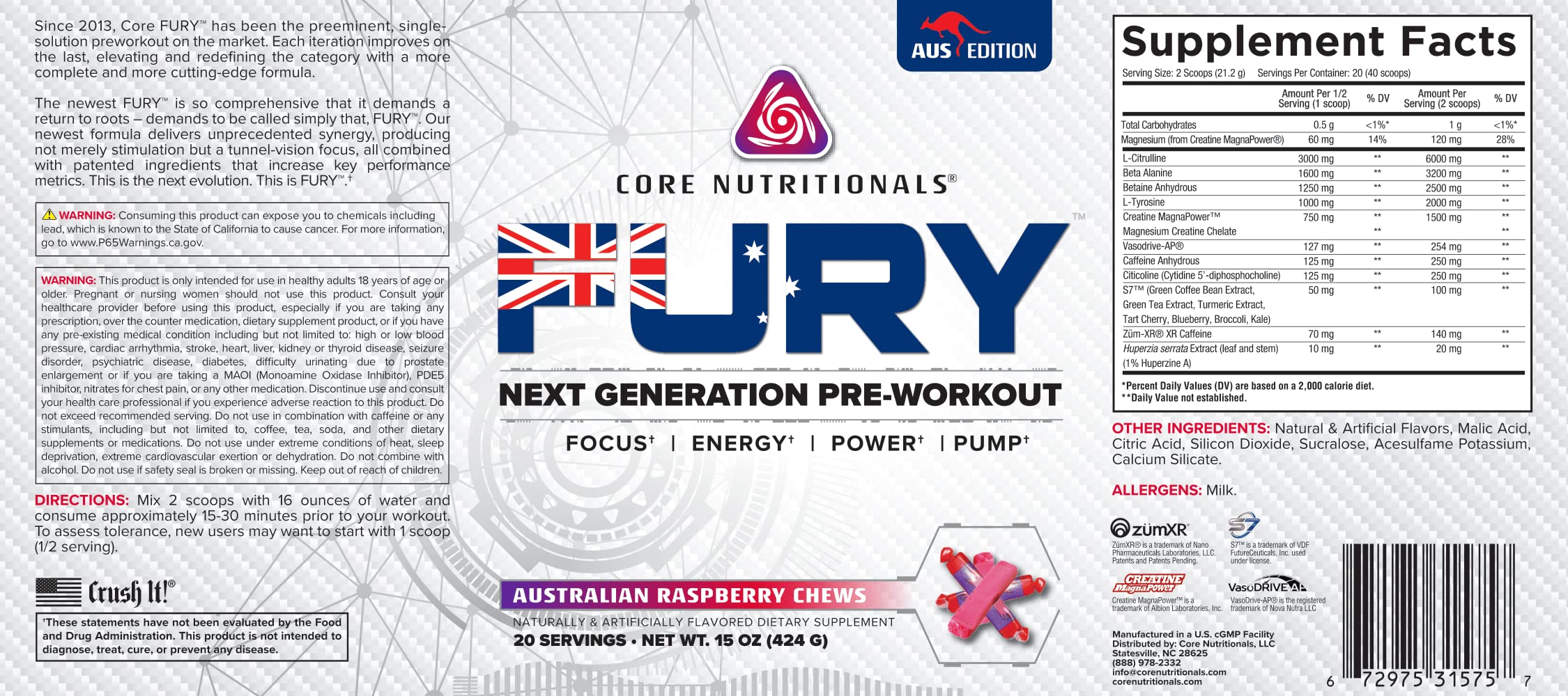 Core Nutritionals Fury Platinum Pre Workout Intensifier with 375mg Caffeine, 5G Creatine Monohydrate, 6G L-Citruline for Maximum Pump, Power, Focus and Energy, 20 Servings (Raspberry Chews)