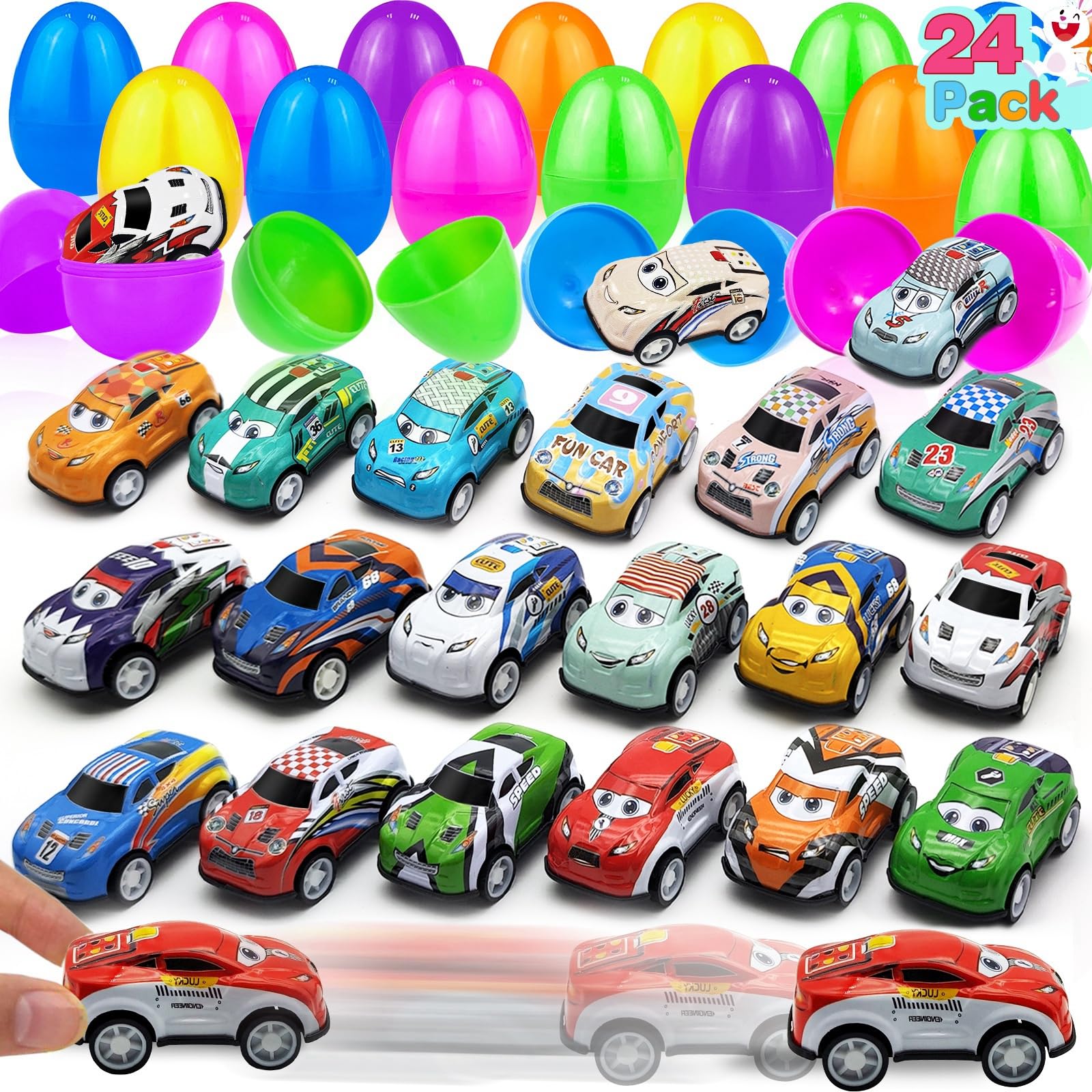 24 Pack Prefilled Easter Eggs with Pull Back Cars, Easter Basket Stuffers Toys Colorful Racing Vehicle for Kids Boys Toddlers Basket Stuffers Filler Surprise Egg Hunt Party Favor Classroom Prize