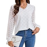 MISMI Womens Eyelet Tops Dressy Casual Long Sleeve Blouses 2025 Trendy Fall V Neck Lace Shirts