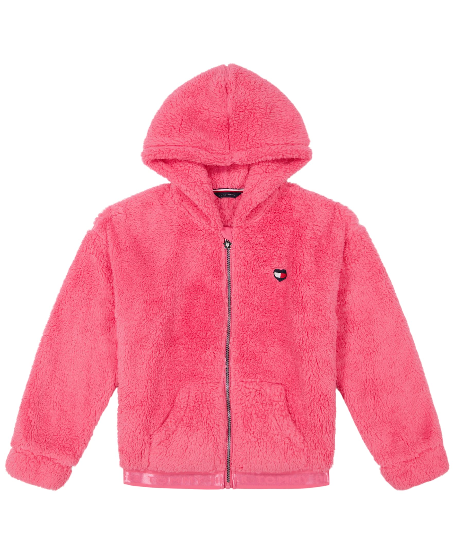 Tommy Hilfiger Girls’ Full-Zip Fleece Hoodie Sweatshirt With Front Pockets, Hot Pink Heart, 16