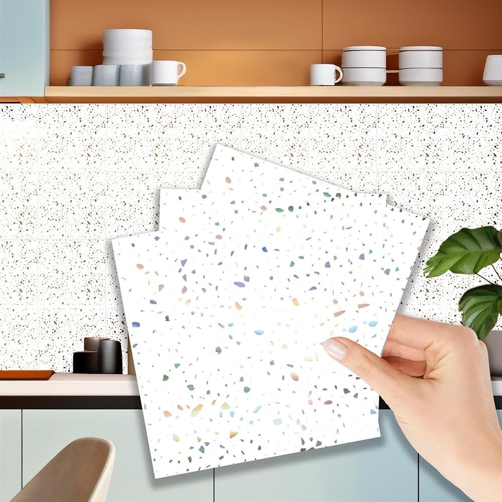 WALPLUS 15cm 120pcs Terrazzo Holographic White Tile Stickers Peel & Stick