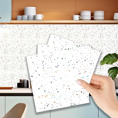 WALPLUS 15cm 120pcs Terrazzo Holographic White Tile Stickers Peel & Stick