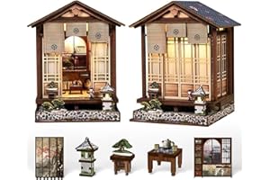 DIY Miniature House Kit, Japanese Garden Book Nook 3D Puzzle for Adults, Fiberboard Craft Building Set with LED, Creative Gif