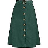 Allegra K Womens High Waist Button Front A-Line Belted Corduroy Midi Skirt