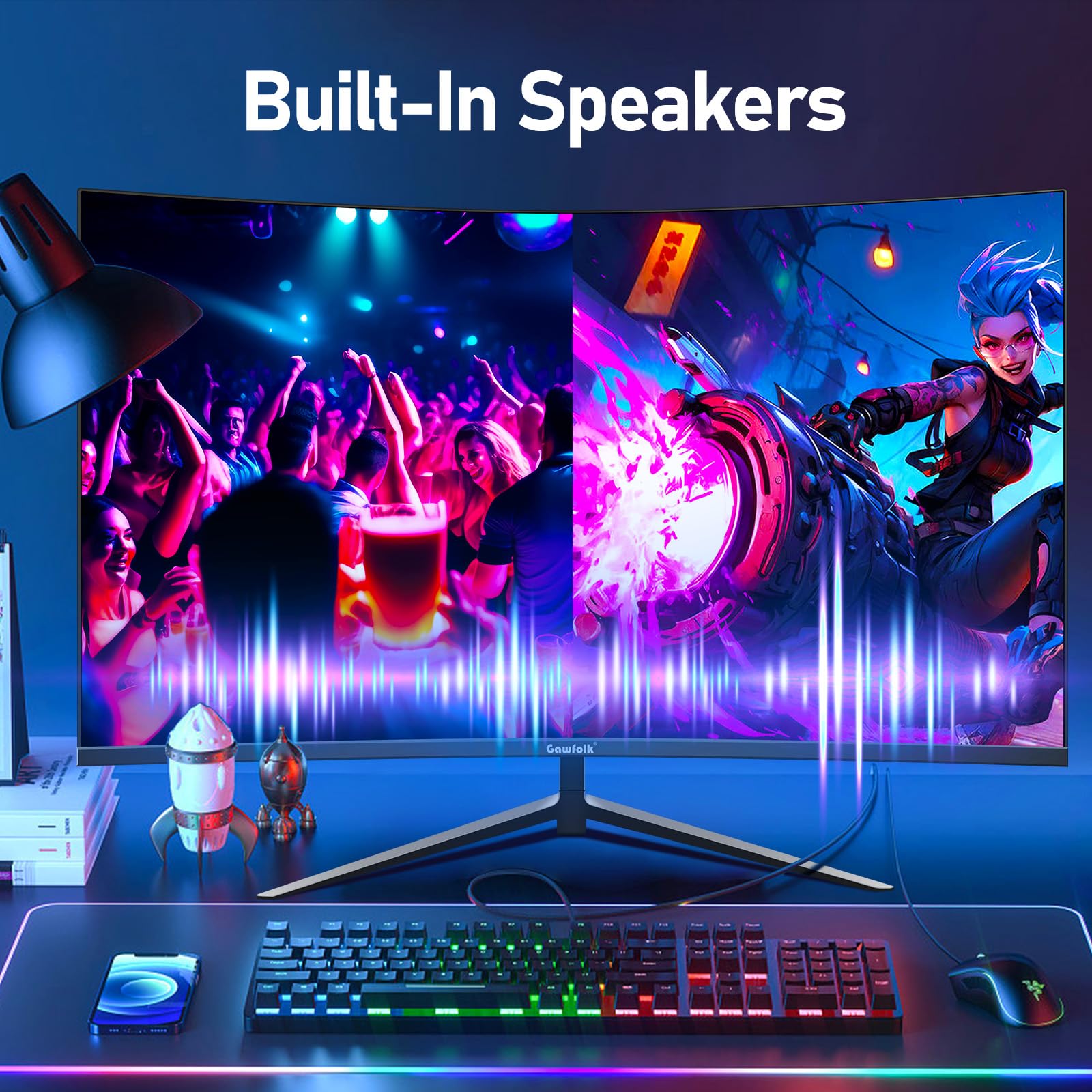 Gawfolk Curved Monitor 27 Zoll 100Hz, PC Bildschirm mit Lautsprecher 1080P, 1800R 75Hz Computerbildschirm mit Eye Care Technologie HDMI DP, unterstützt VESA 2