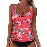 Hilor Women's Underwire Tankini Top Ruched Tummy Control Bathing Suit Tops Push Up Top Swimsuit Front Twist Swim Top Only