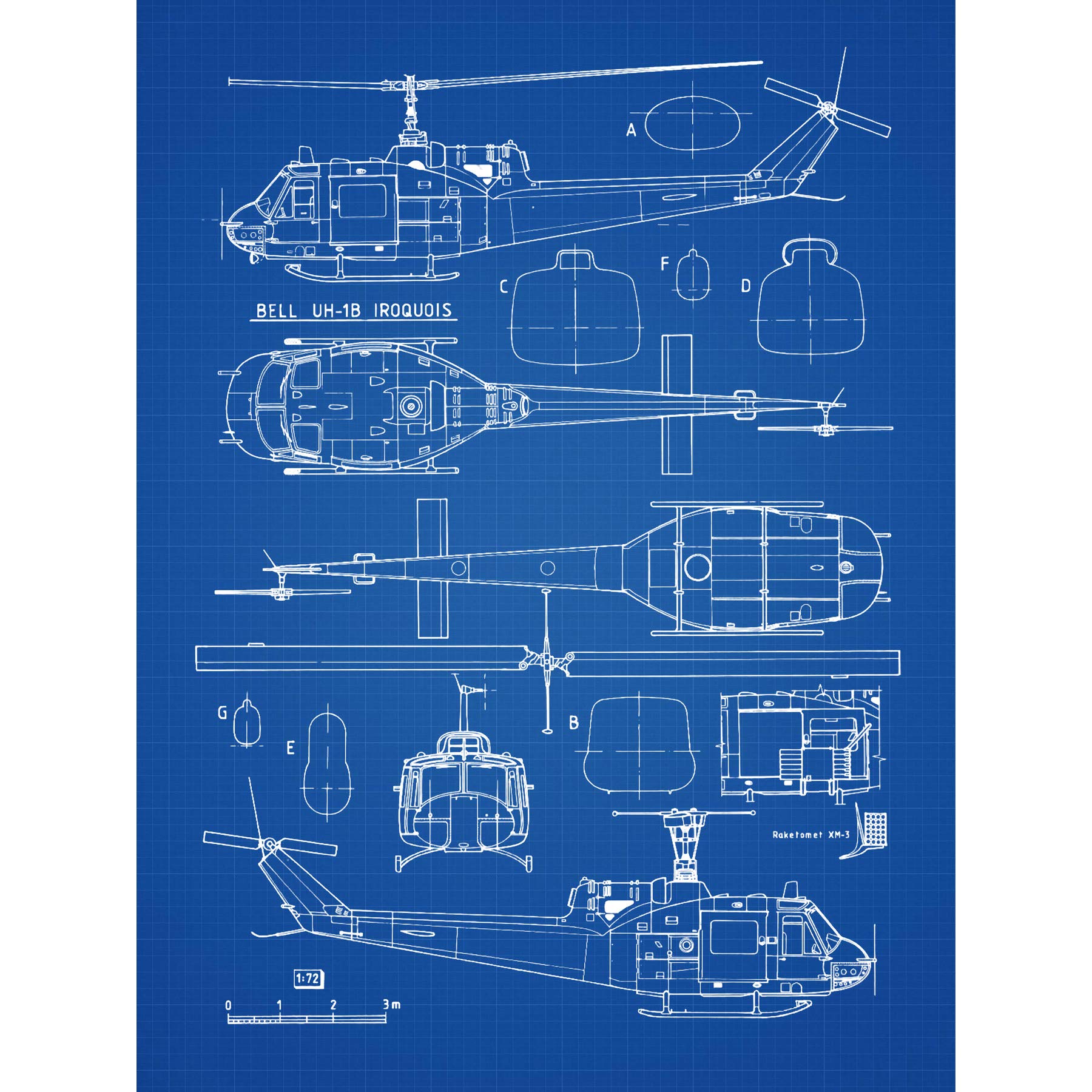 Artery8 Bell UH-1 Iroquois Military Helicopter Blueprint Plan Large Wall Art Poster Print Thick Paper 18X24 Inch