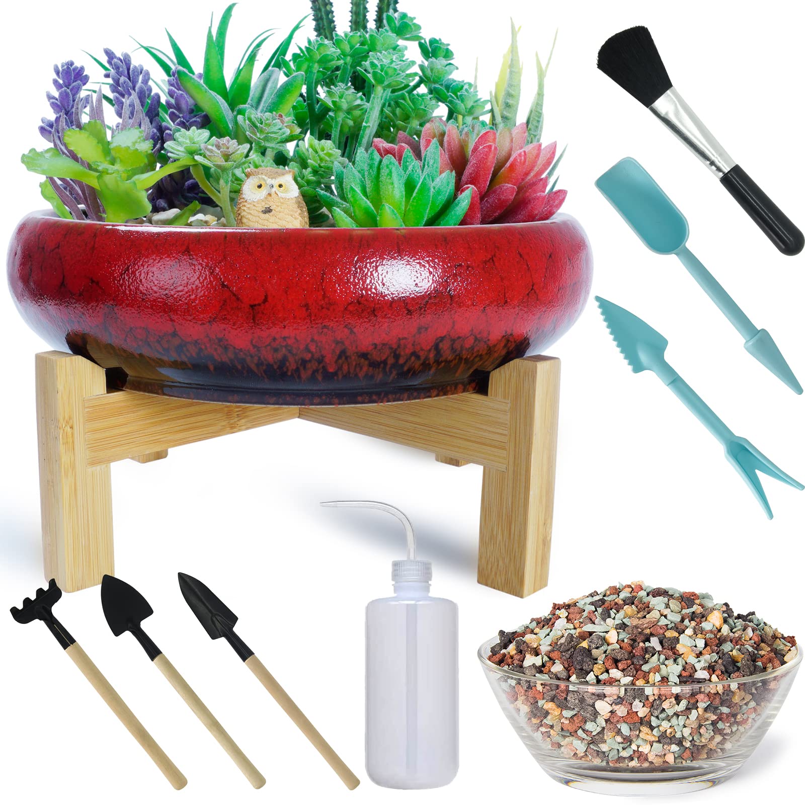 ARTKETTY Succulent Plants Pots, Ceramic Cactus Plants Pots for Indoor/Outdoor Flower Plants, 25cm Large Shallow Bonsai Pot with Drainage Stand Plus Succulent Planting Tools Set & 2.2lb Mix Pebbles