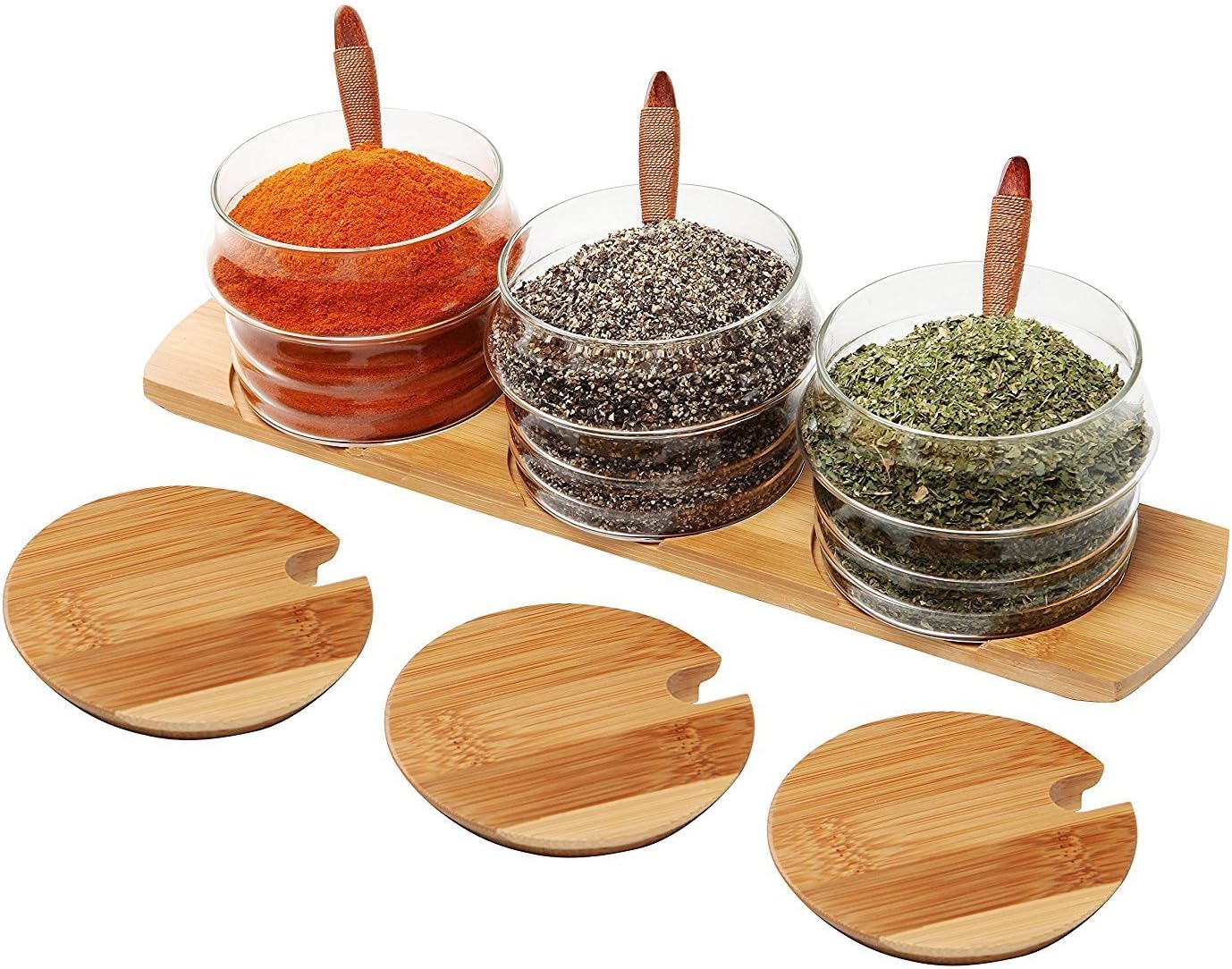 iRSE Glass Condiment Jars with Bamboo Tray and Wood Spoon for Condiment pots, Spice Jars, Sugar Bowls, Tea Storage, Nuts jar, Holding dressings, Dipping, Salad bar Serving, Set of 3