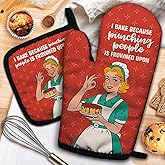 ZHANTUONE I Bake Because Punching People is Frowned Upon Funny Heat Resistant Oven Mitts and Pot Holders Set with Silicone Non-Slip, Vintage Lady Baking Gadgets, Gifts for Bake Lover Mom Wife BFF