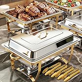 ALSO GO Chafing Dish Buffet Set 9QT 4 Pack, Gold Chafing Dishes for Buffet with 4 Serving Tongs, Buffet Set Full Size Large Serving Chafing Dishes, Warming Food Tray for Catering & New Year Parties
