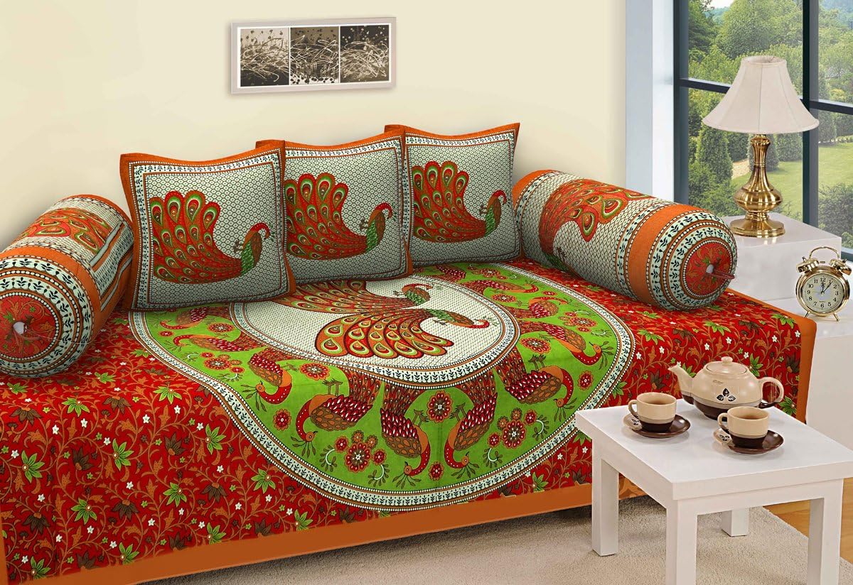 Fecom Present Designer 100% Cotton Diwan Sets / Diwan Cover, Cushion, Bolster Sets Combo Set Additionally use it as wall hanging tapestry (Multi-6) [Energy Class A+++]