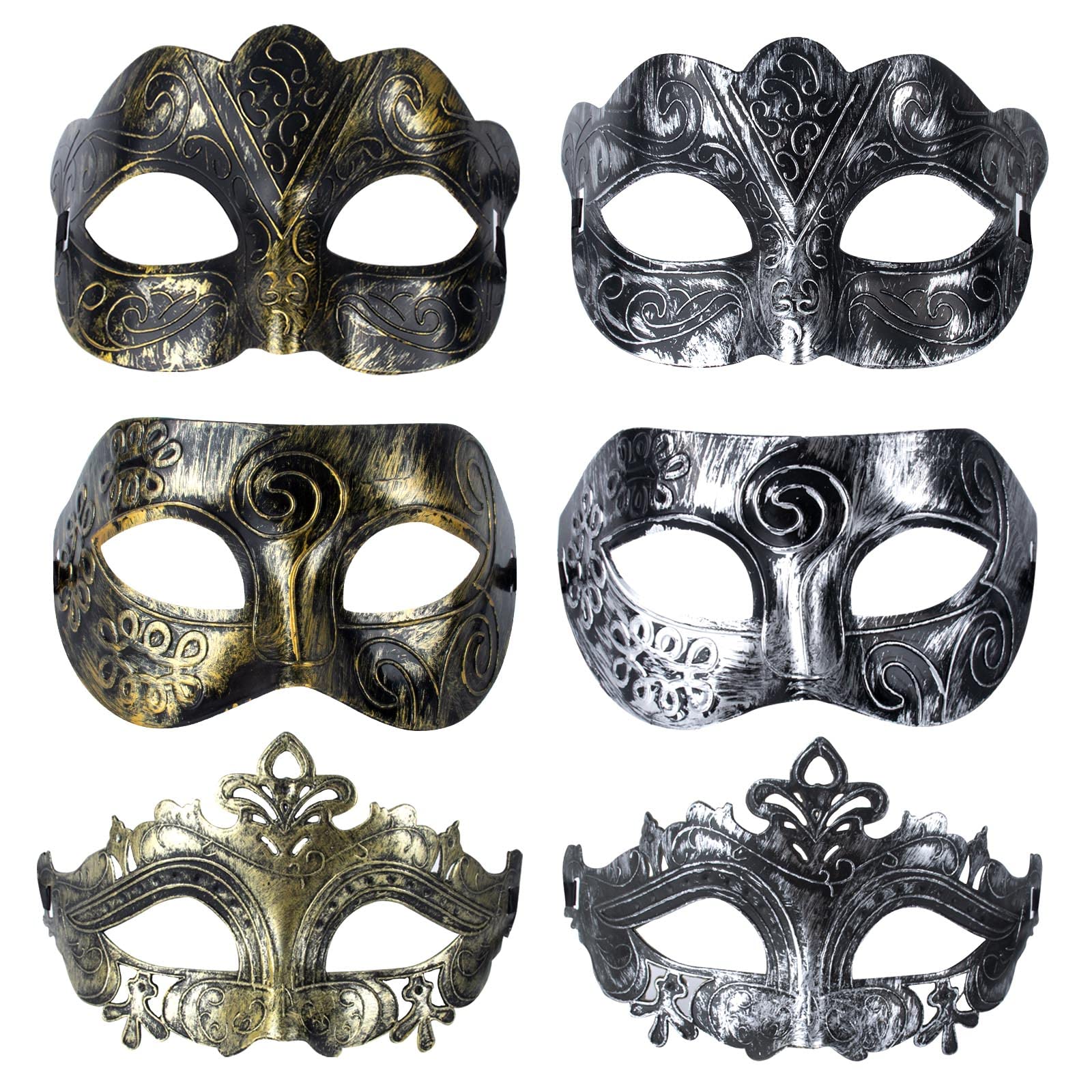 AWAVM Venetian Mens Masquerade Ball Masks Face Mask for Party, Fancy Dress Ball, Masked Ball, Halloween 6 PCS(Silver,Gold)