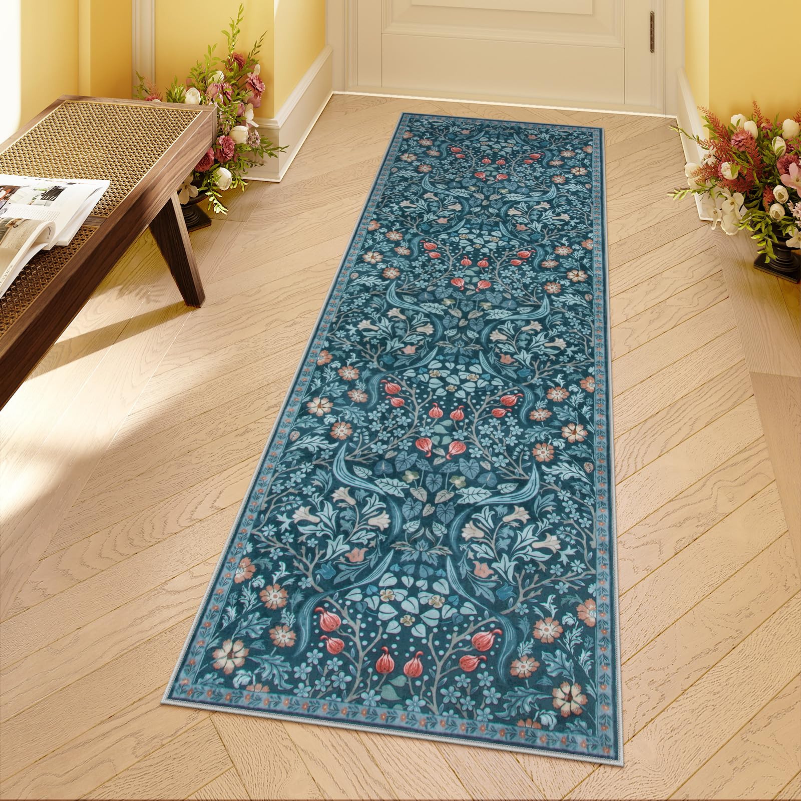 Photo 1 of Moynesa Floral Kitchen Runner Rug 2x6, Washable Boho Runners for Hallways Non Slip Soft Bathroom Carpet Runner, Botanical Ultra Thin Throw Mat for Laundry Room Entryway, Teal