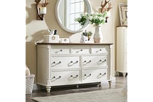 T4TREAM Farmhouse 7 Drawers Dresser Chests for Bedroom w/ 4 Solid Wood Feet & Column Decor, Tall Wide Wood Country Rustic Chest of Drawers, Storage Dressers for Bedroom, Living Room, Antique White