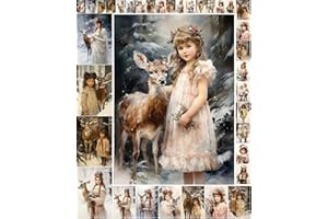 Decoupage Paper Pack (12 Sheets A4 / 8"x11") Christmas Eve Young Lady and Deer in Winter Forest FLONZ Vintage Ephemera