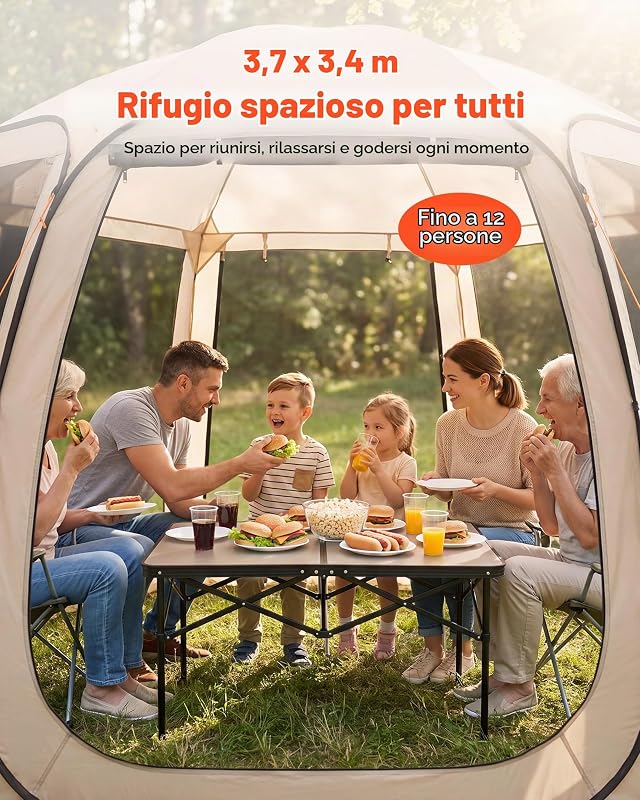 Tenda da Campeggio Trasparente con Finestra 3660 x 3380 x 2300 mm Tenda Gazebo a Baldacchino per 10-12 Persone, con Borsa per il Trasporto, Lati in Rete, per Patio e Attività all'Aperto, Beige