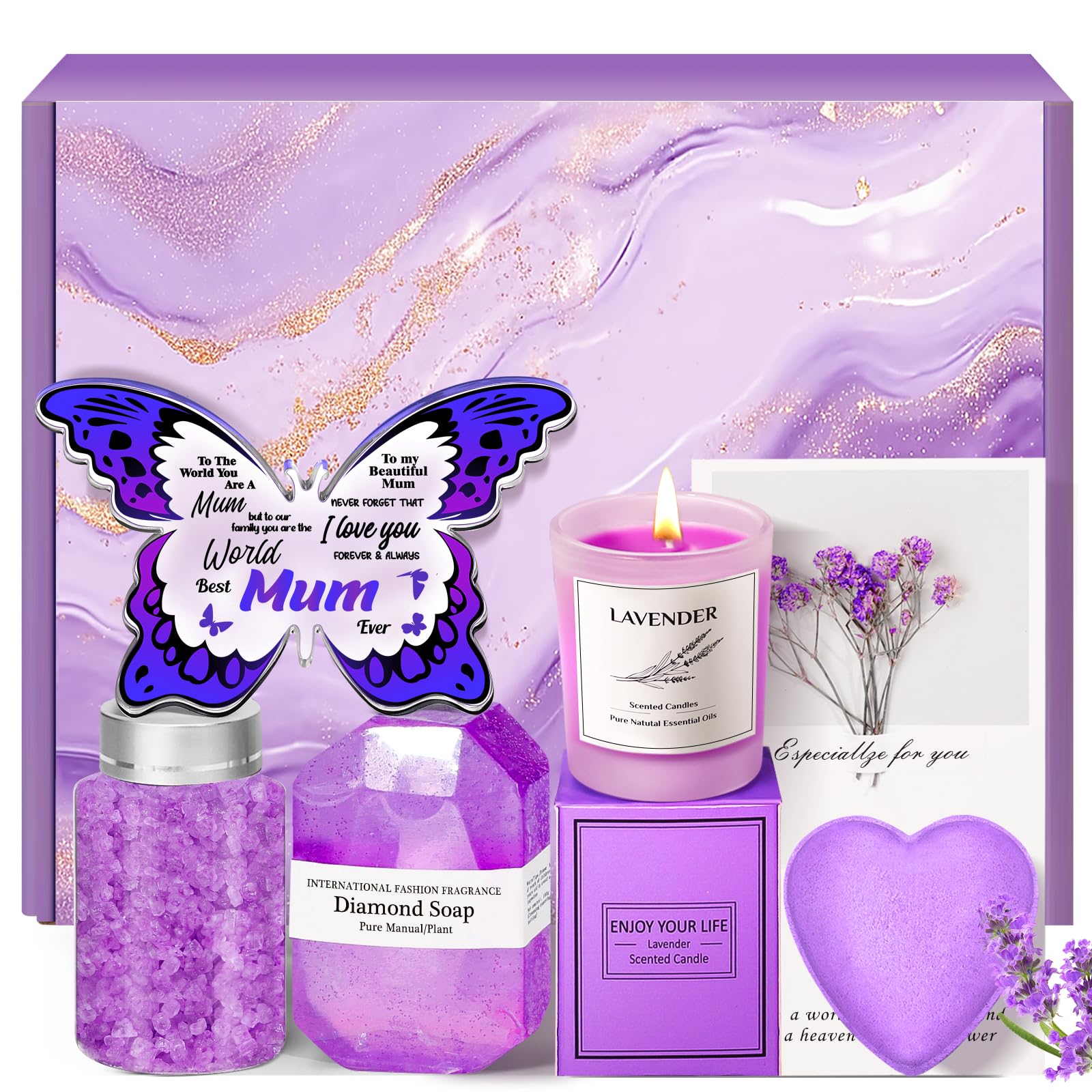 Mothers Day Gifts for Mum: Eletorot Personalised Mum Birthday Gifts from Daughter Son, Candle Bath Hamper Basket Set, Best Mum Presents Ideas, Pamper for Mom Mummy, Acrylic Butterfly Plaque Keepsake