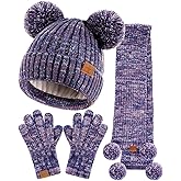 Kids Winter Hat Gloves Scarf Set, Girls Toddler Children Beanie with Pom Knit Neck Warmer Gaiter Mittens Fleece Lined Set