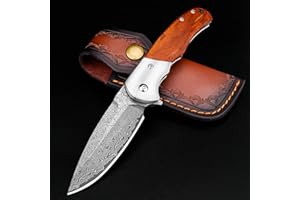 KOMWERO Damascus Pocket Knife with Clip for Men, VG10 Damascus Steel Folding Knives, EDC Damascus Knife with Leather Sheath Wooden Handle for Camping Collection