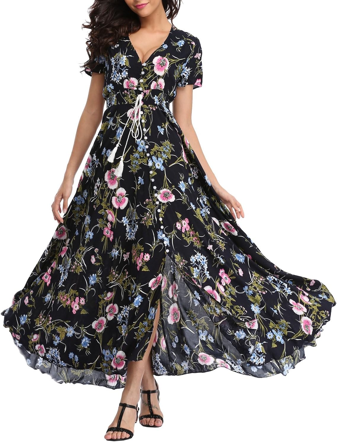 VOGMATE Women's Long Split Button Up Summer Maxi Dress Floral Beachwear Holidy Dress High Waist with Short Sleeves