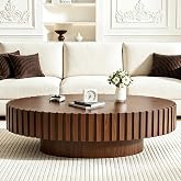 DAXUESEH Drum Fluted Coffee Table (43.3" Brown, 1PC) | Modern Oval Drum Coffee Table with Sturdy Base, Wood Oval Center Tables Accent Tea Table for Living Room, Reception Room