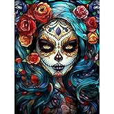 Sugar Skull Girl Diamond Painting DIY 5D, Fashion Skeleton Makeup Numbering Kit,Day of Dead Artwork Red Rose Wall Art Crystal Rhinestone Embroidery Picture Home Decor Adults Boho Gift(12''Wx 16''H)