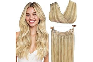 GOO GOO Wire Hair Extensions Human Hair, 16/22 Light Blondewith mix Golden Blonde Highlighted 14inch 75g, Invisible Wire Hair Extensions with Transparent, Seamless Fish Line Hairpiece
