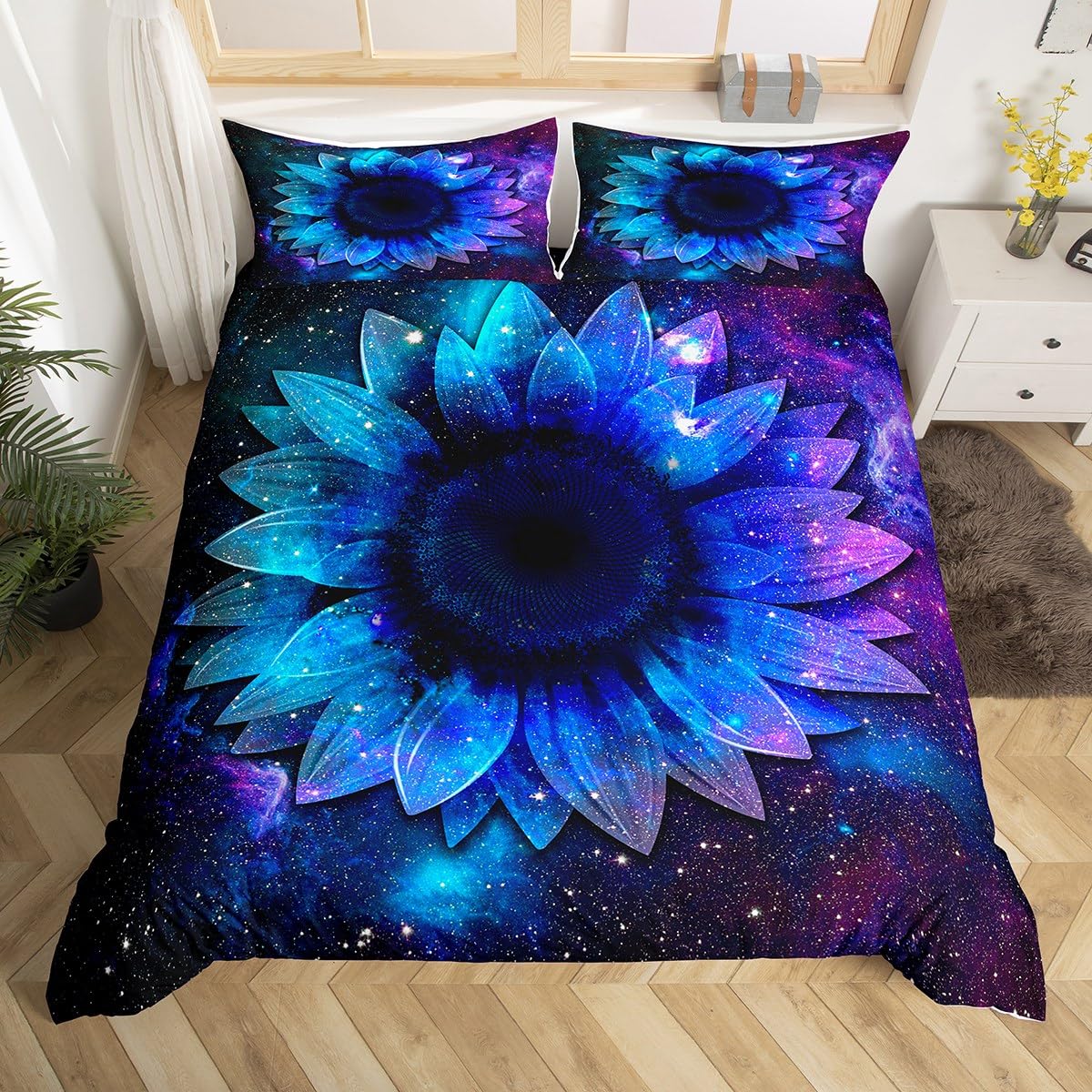 Sunflower Duvet Cover Set Double Size, Blue Purple Starry Sky Bedding Set 3pcs for Kids Boys Girls Room Decor, Galaxy Flower Floral Comforter Cover Soft Polyester Quilt Cover with 2 Pillowcases — image 1