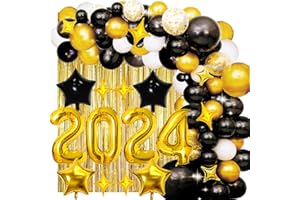 ERWEICET 2024 New Years Eve Balloon Garland Arch Kit, 95Pcs Black White Gold Confetti Balloons Star Balloons Foil Fringe Curtain for 2024 New Years Eve Party Supplies Graduation Party Decorations