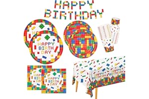 GATHERFUN Building Block Party Supplies Paper Plates Napkins Cups Tablecloth Banner for Colorful Building Block Birthday Party Decorations for Boys, Kid’s Birthday Party Decorations Serve 25