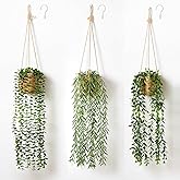 Mokof 3 Pack Artificial Hanging Plants in Boho Handwoven Baskets for Living Room, Bedroom, Bathroom Wall Shelf Decor