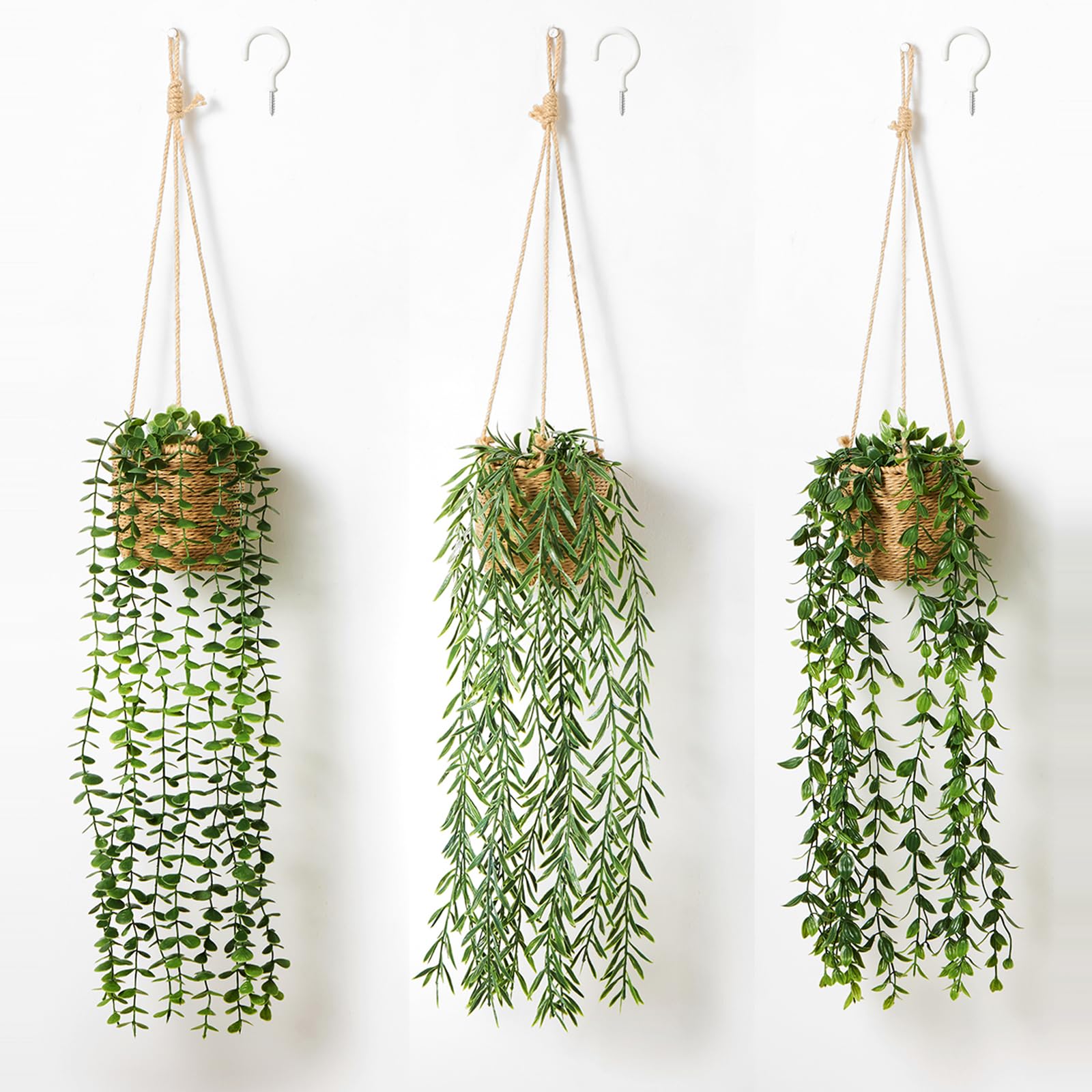 Photo 1 of Mokof 3 Pack Artificial Hanging Plants in Boho Handwoven Baskets for Living Room, Bedroom, Bathroom Wall Shelf Decor