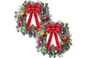 Wavyknot 2 Pcs Pre Lit Christmas Wreath Outdoor with Large Red Bow, Christmas Window Wreaths Battery Operated Xmas Artificial Front Door Wreaths with Red Berries Christmas Decor 16 Inch